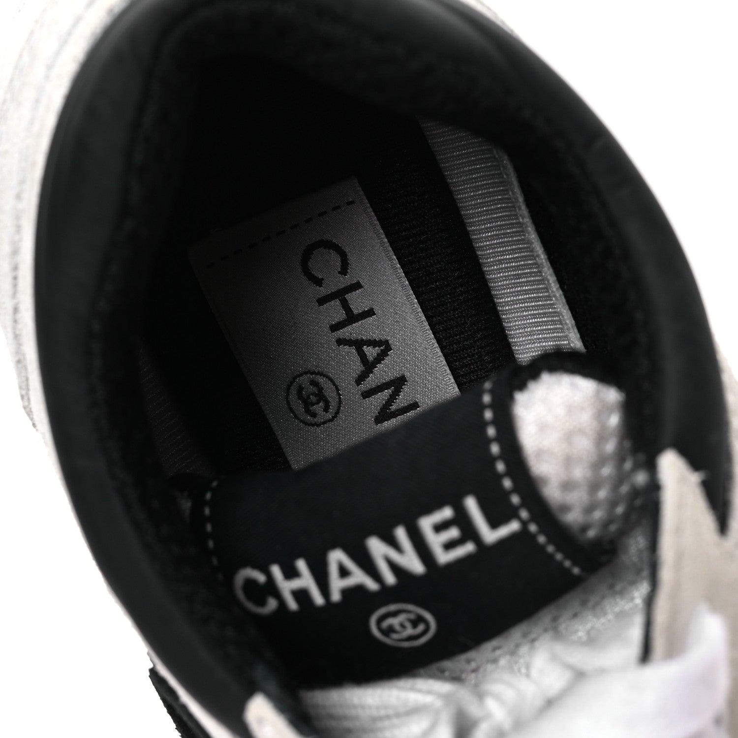 Chanel Mesh Suede Calfskin Grained Calfskin Womens CC Sneakers  36 White Black 8 of 10