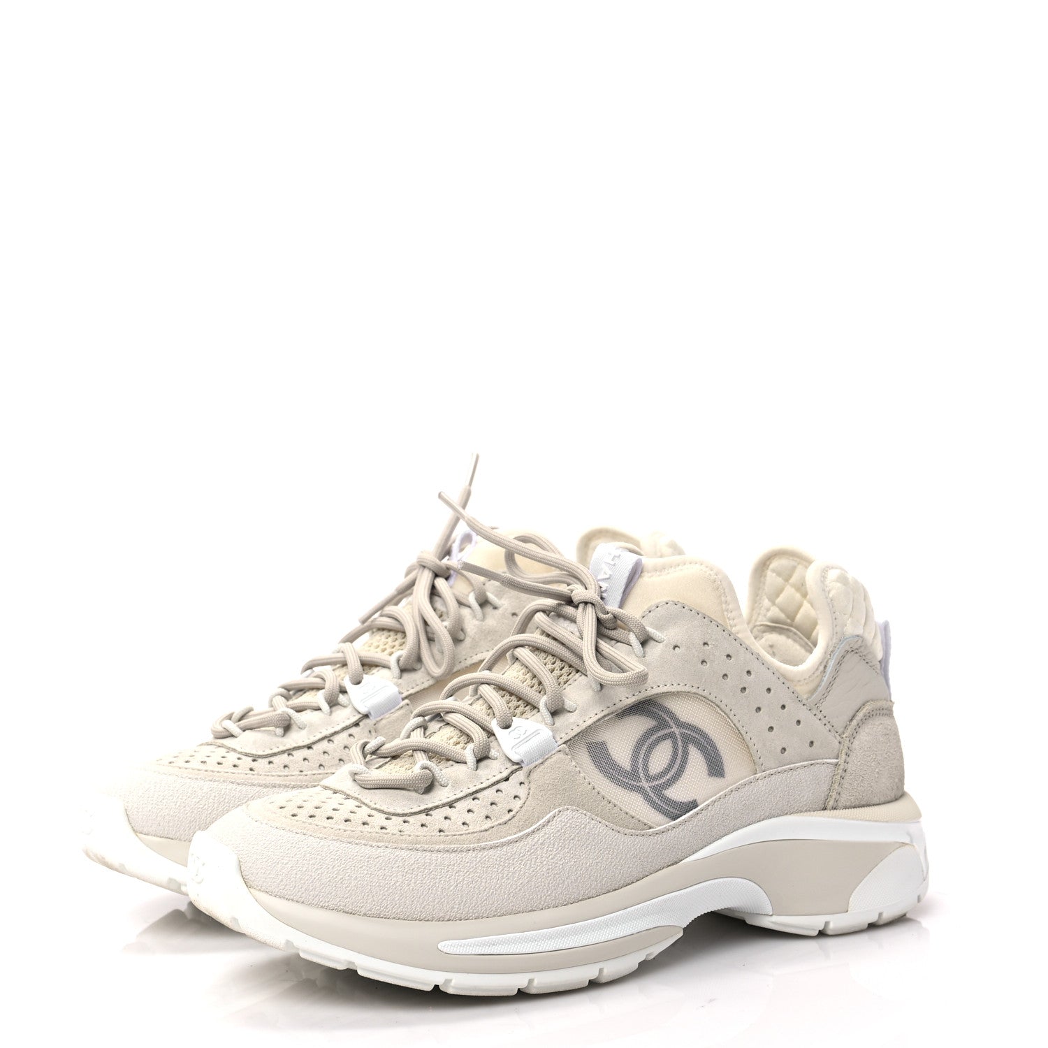 Chanel Suede Calfskin Womens CC Sneakers 37.5 White 3 of 6