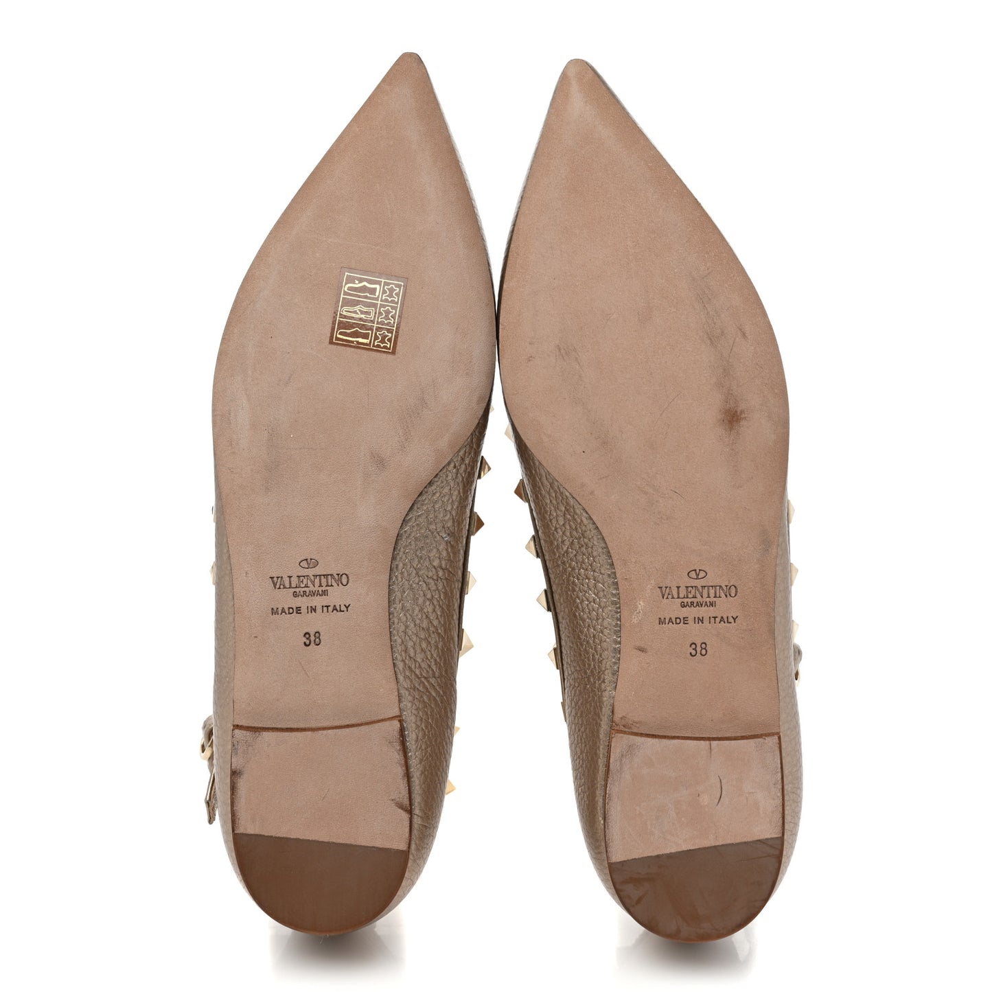 Metallic Pebbled Calfskin Rockstud Cage Ballerina Flats 38 Sasso Poudre