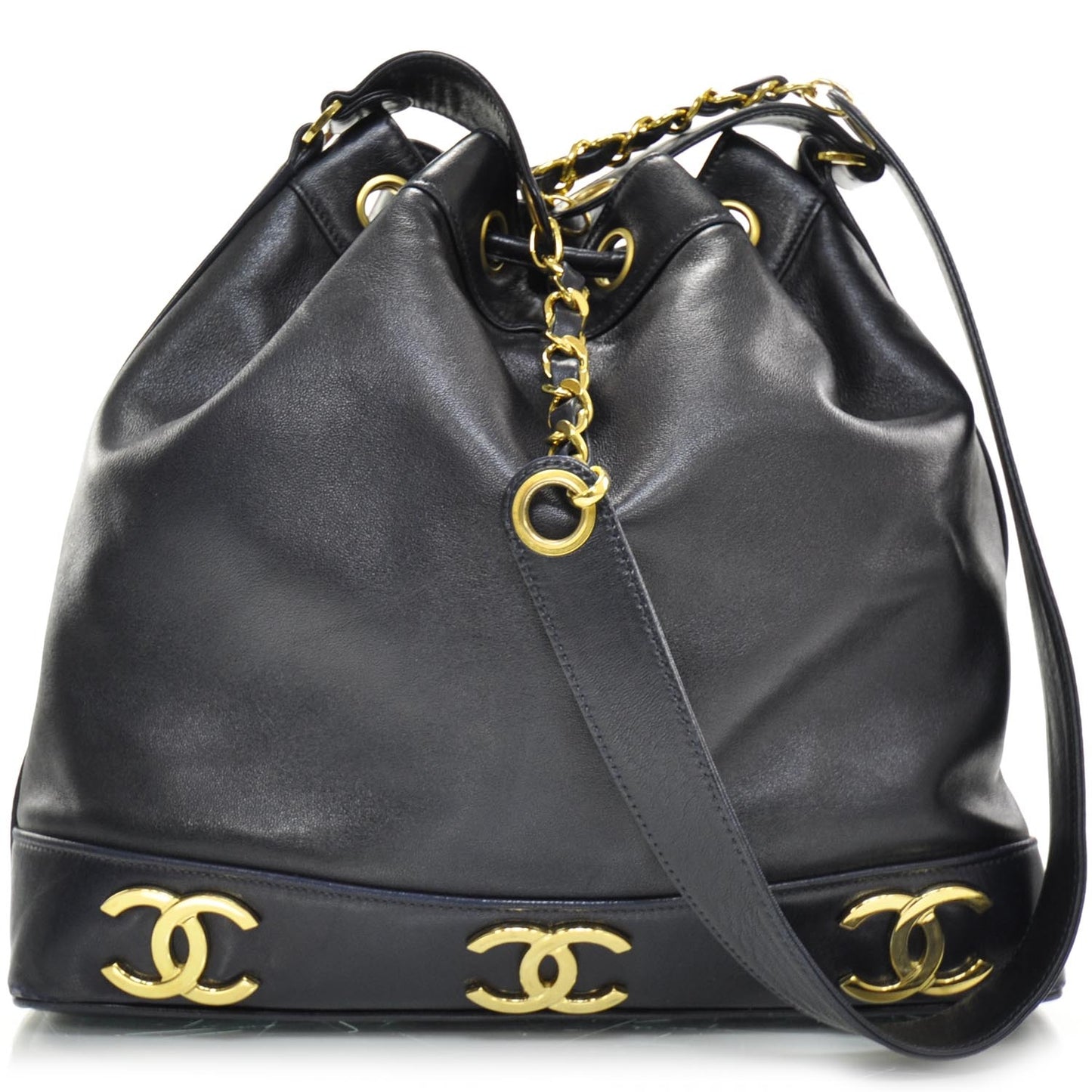 Lambskin CC Drawstring Bag Navy Blue