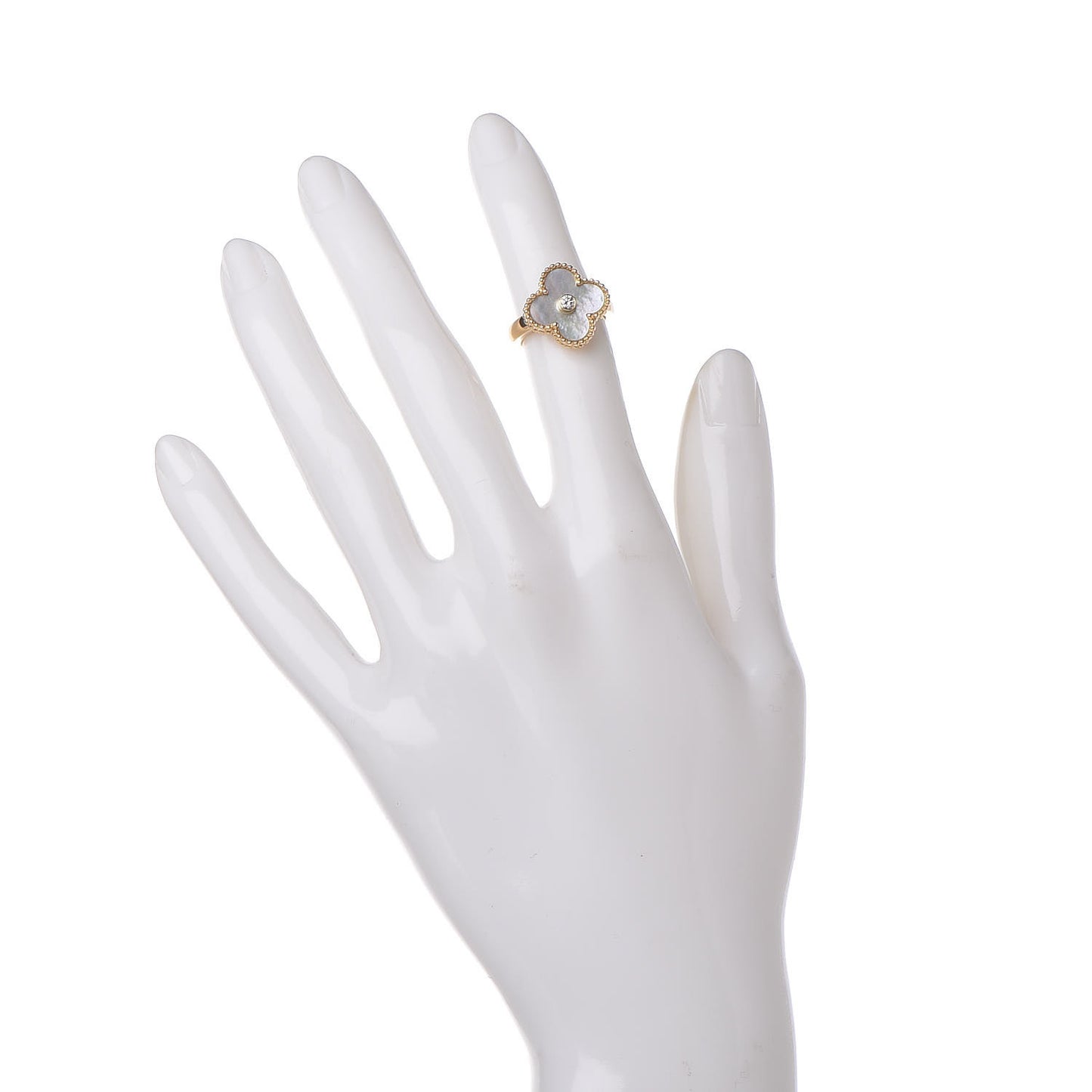 18K Yellow Gold Diamond Mother of Pearl Vintage Alhambra Ring 47 4