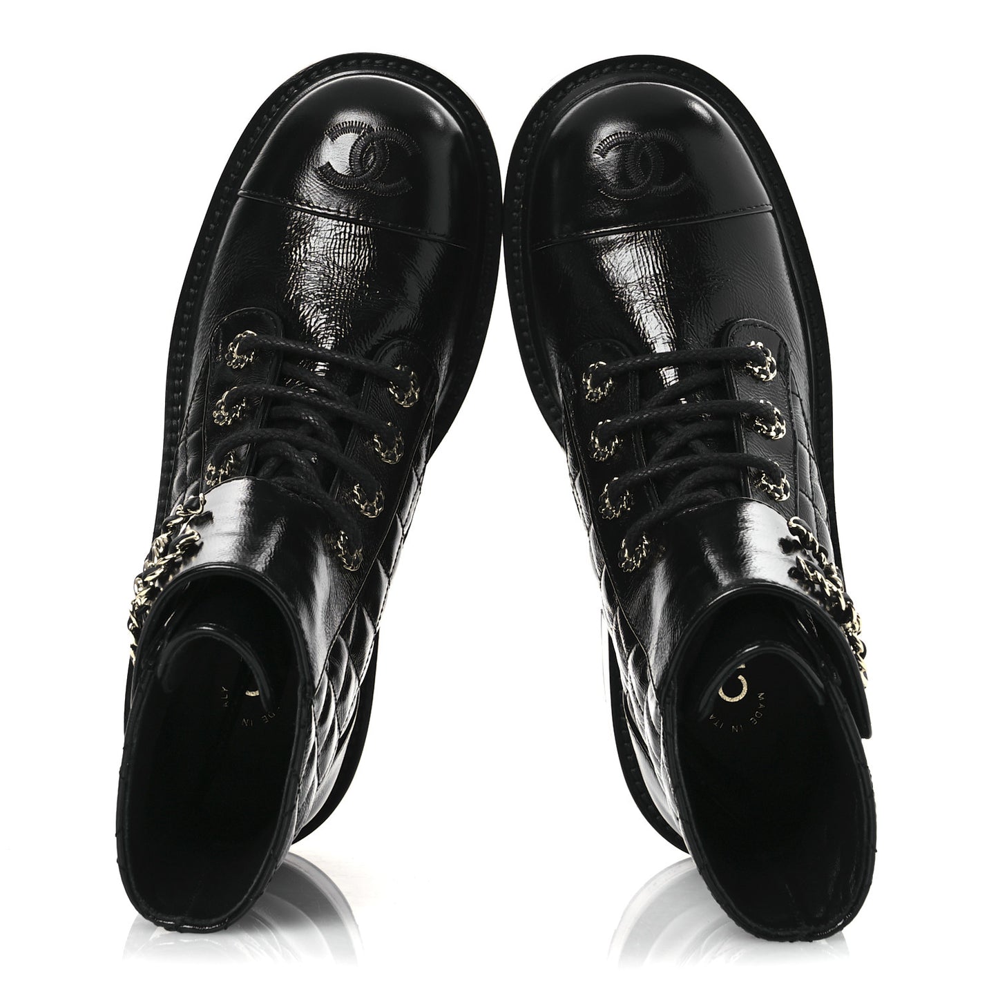 Shiny Calfskin Quilted Lace Up Combat Boots 36 Black
