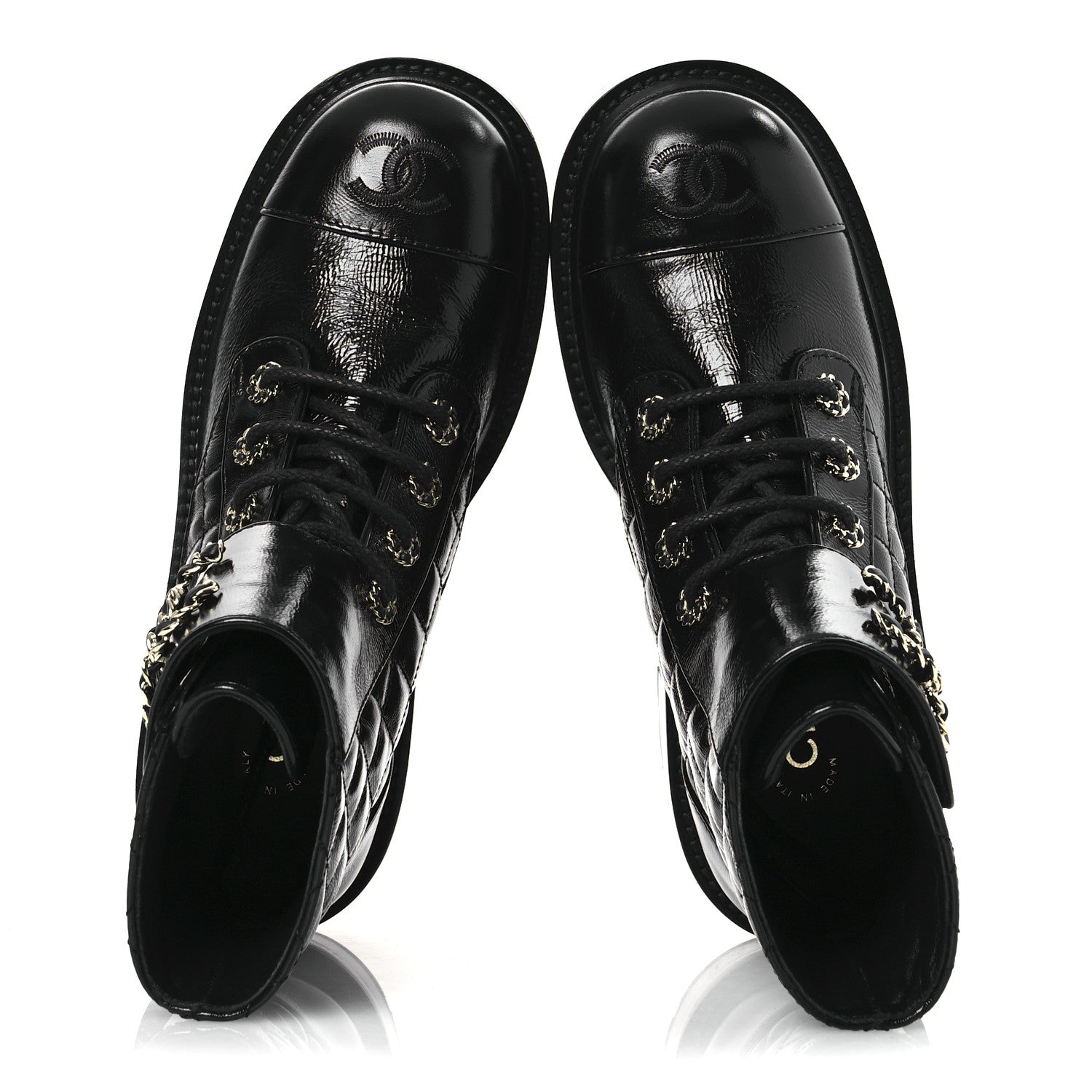 Chanel Shiny Calfskin Quilted Lace Up Combat Boots 36 Black 2 of 12