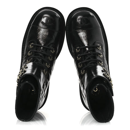 Chanel Shiny Calfskin Quilted Lace Up Combat Boots 36 Black 2 of 12