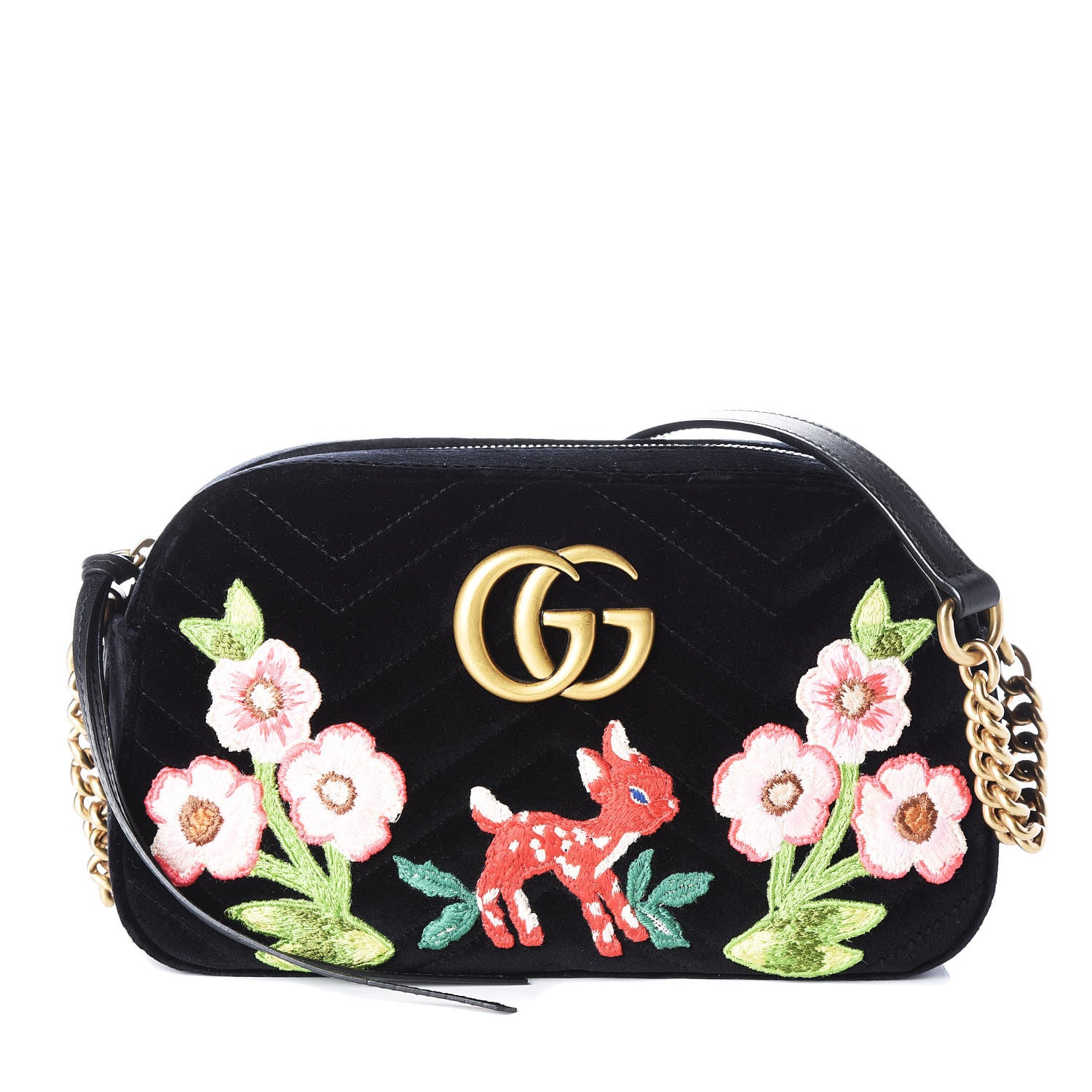 Gucci Velvet Matelasse Deer Embroidered Small GG Marmont Chain Shoulder Bag Black 1 of 9