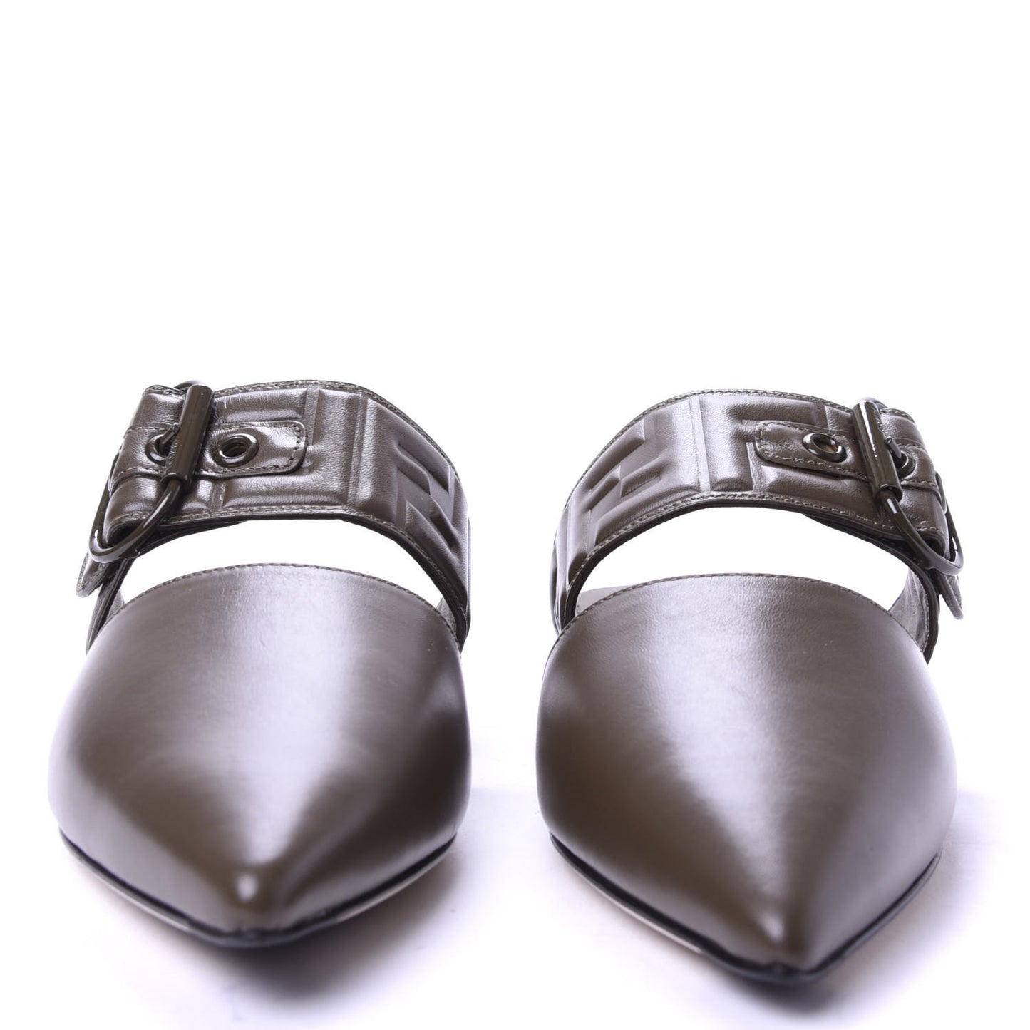 Vitello FF Embossed Buckle Flat Mules 35.5 Wood