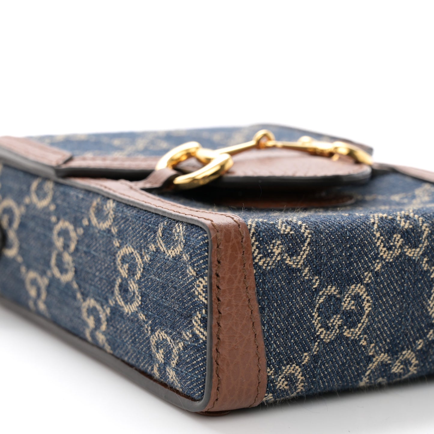 New Denim GG Monogram Dollar Calfskin Mini Horsebit 1955 Crossbody Bag Blue Tea Cuir Epilog