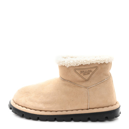 Prada Suede Shearling Logo Ankle Boots 39.5 Ecru 1 of 8