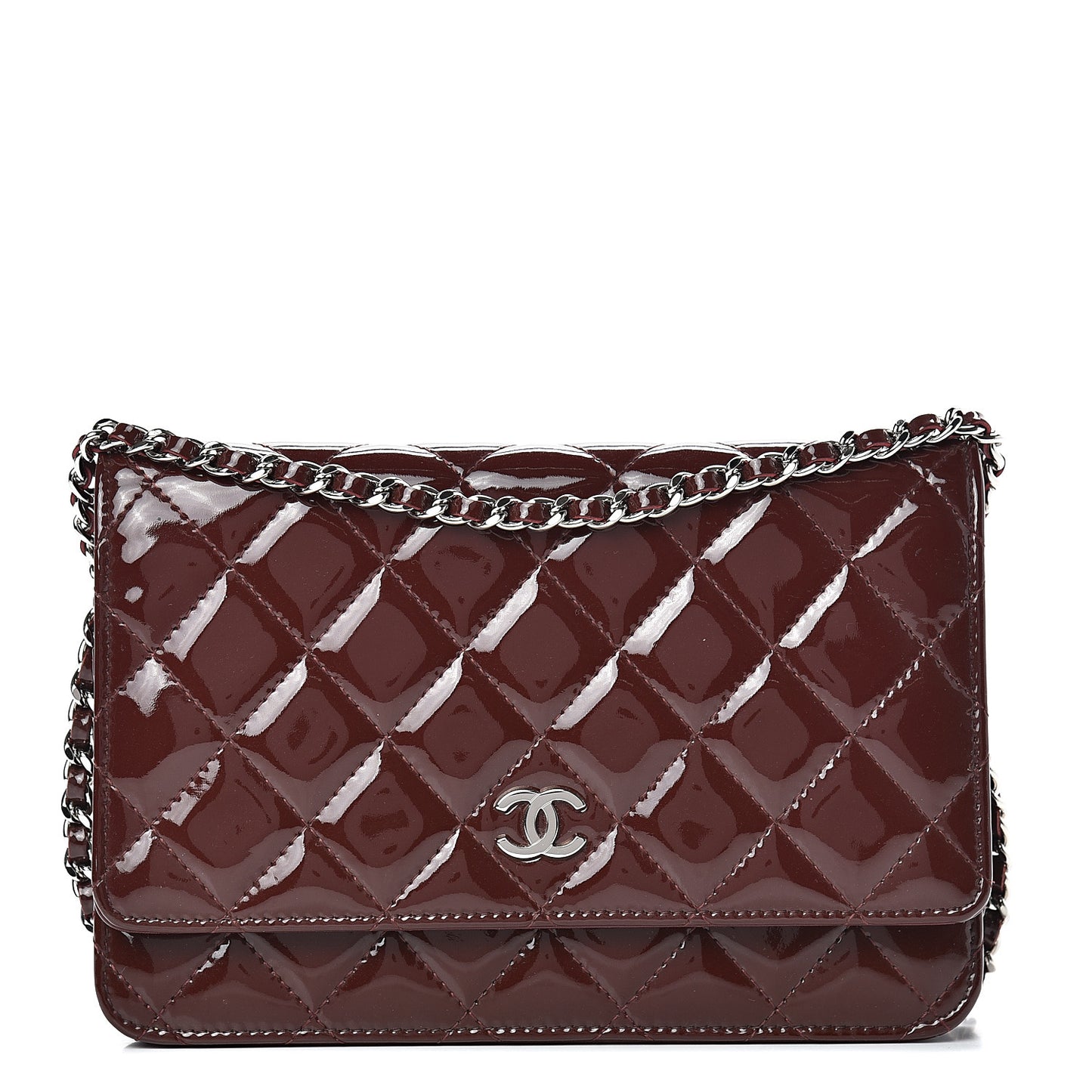Patent Quilted Wallet On Chain WOC Burgundy