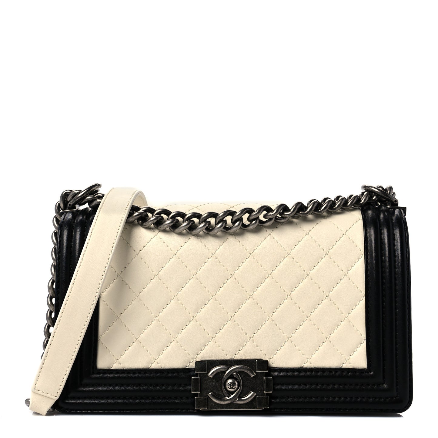 Lambskin Quilted Medium Boy Flap White Black