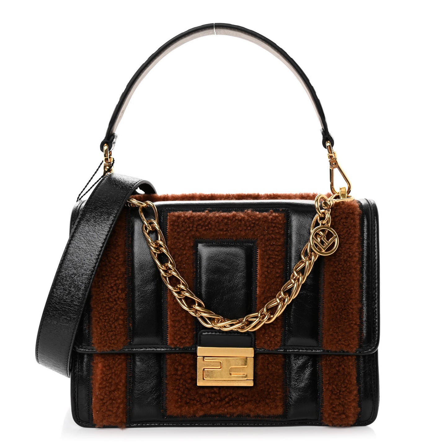 Agnello Old Shine Shearling F is Fendi Embossed Kan U Shoulder Bag Black Foresta