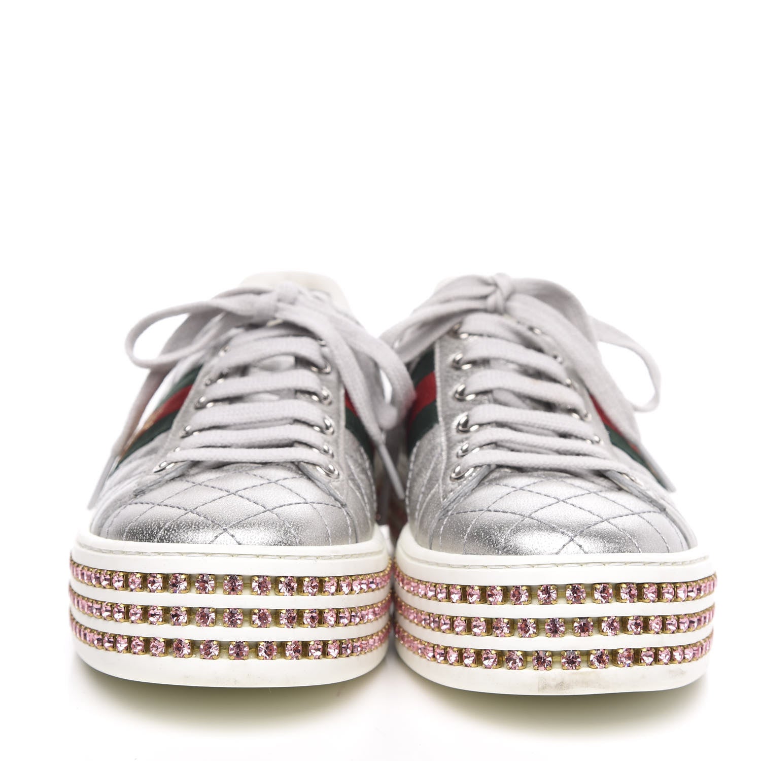 Gucci Laminated Nappa Crystal Web Bee Embroidered Trapuntata Womens Ace Platform Sneakers 36.5 Argento 2 of 8