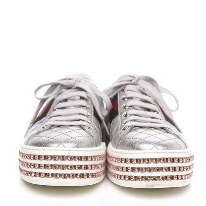 Gucci Laminated Nappa Crystal Web Bee Embroidered Trapuntata Womens Ace Platform Sneakers 36.5 Argento 2 of 8