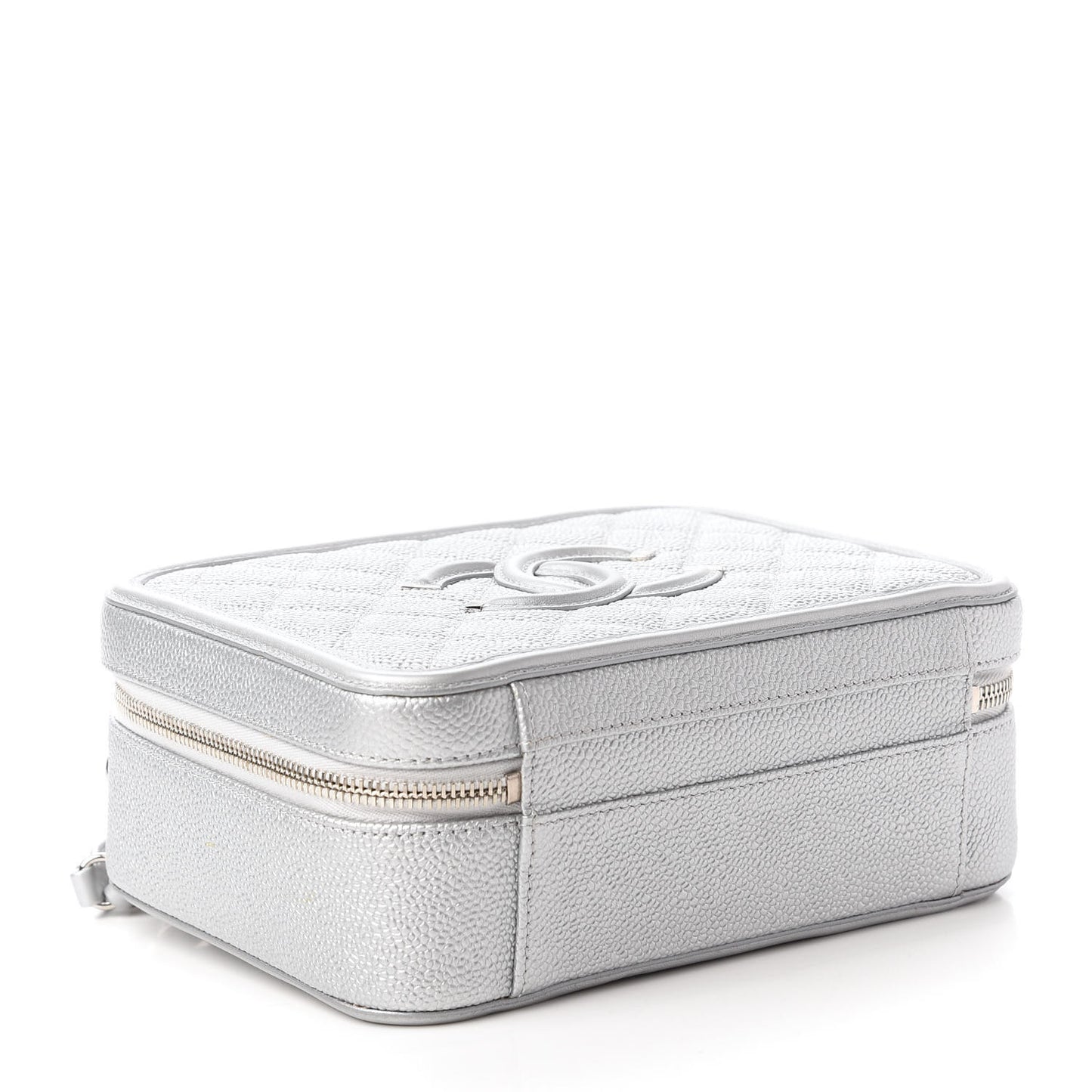 Metallic Caviar Quilted Medium CC Filigree Vanity Case Silver