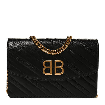 Balenciaga Shiny Goatskin Logo Embossed BB Wallet On Chain Black 1 of 12