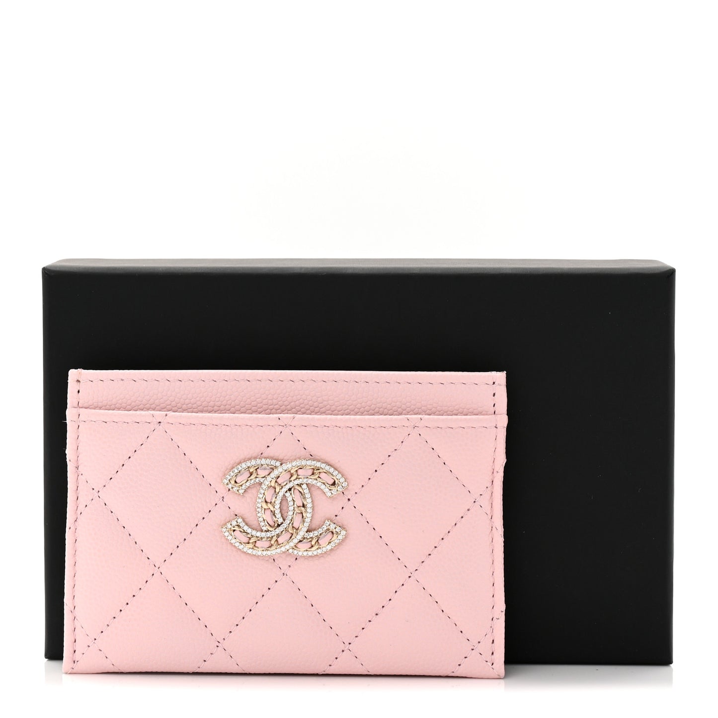 Caviar Quilted Crystal Card Holder Pink