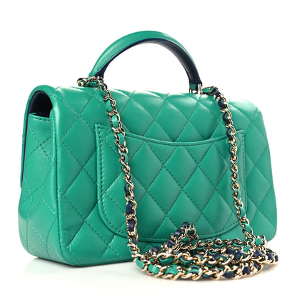 Chanel Lambskin Quilted Bi-Color Mini Top Handle Rectangular Flap Green Dark Blue 3 of 10