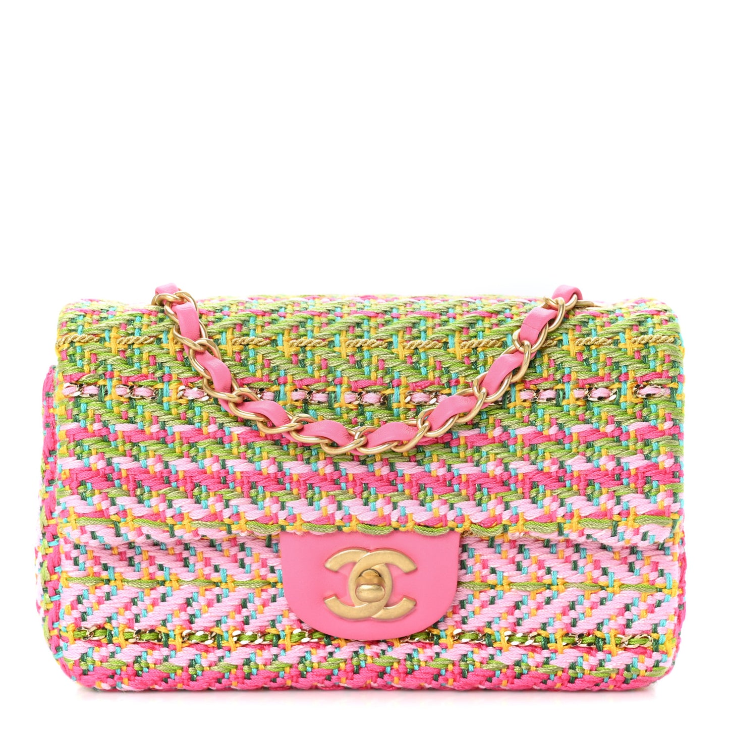 Cotton Mixed Fibers Woven Mini Rectangular Flap Pink Green