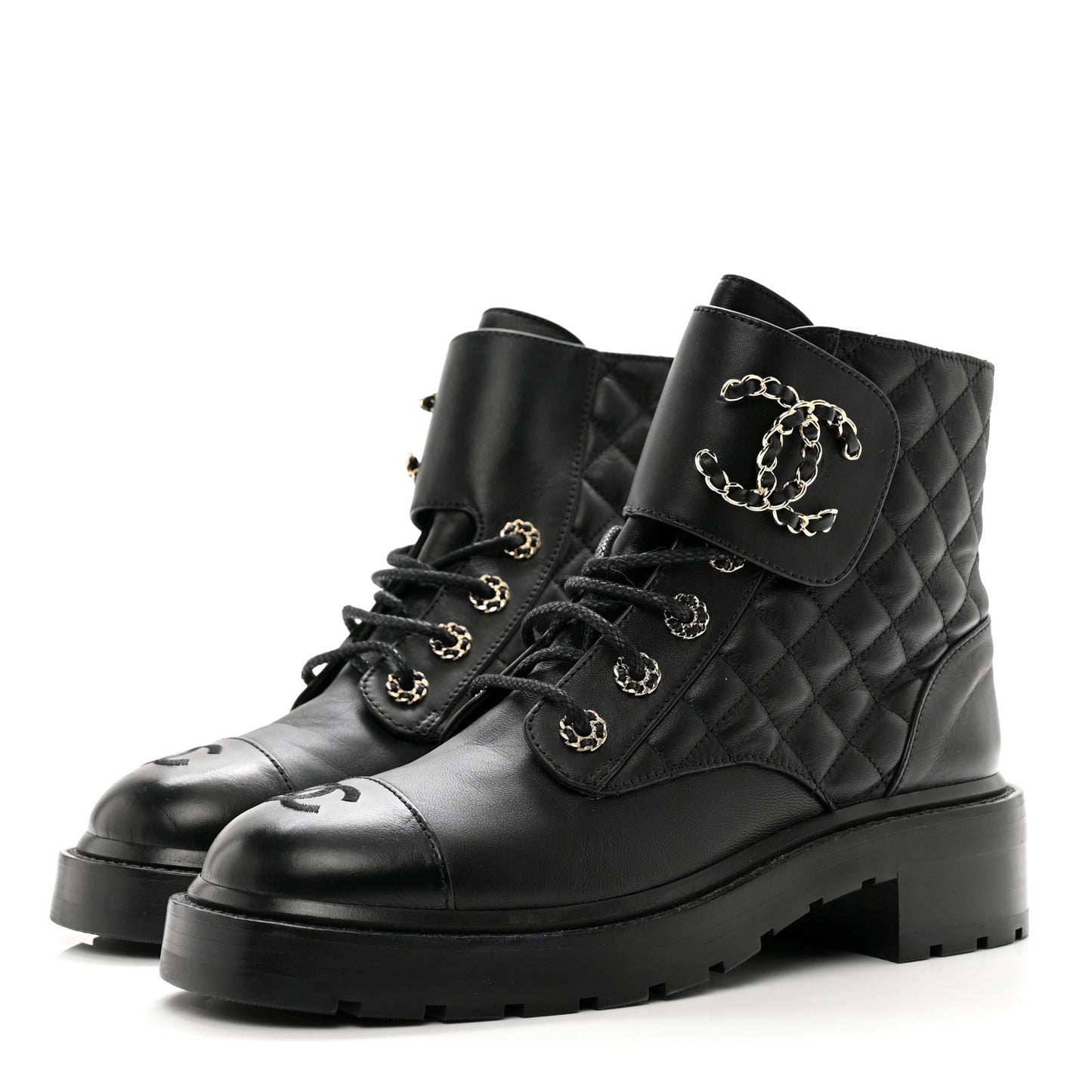 Shiny Lambskin Quilted Lace Up Combat Boots 39 Black