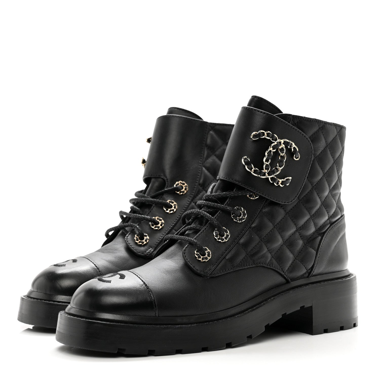 Chanel Shiny Lambskin Quilted Lace Up Combat Boots 39 Black 3 of 10