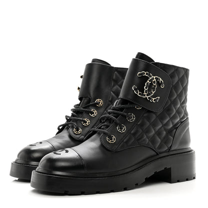 Chanel Shiny Lambskin Quilted Lace Up Combat Boots 39 Black 3 of 10