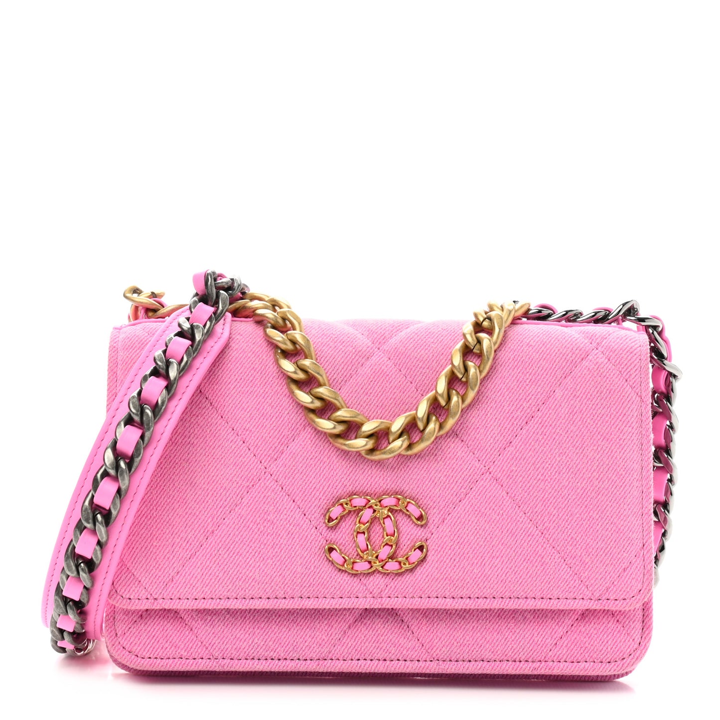 Denim Quilted Chanel 19 Wallet On Chain WOC Neon Pink