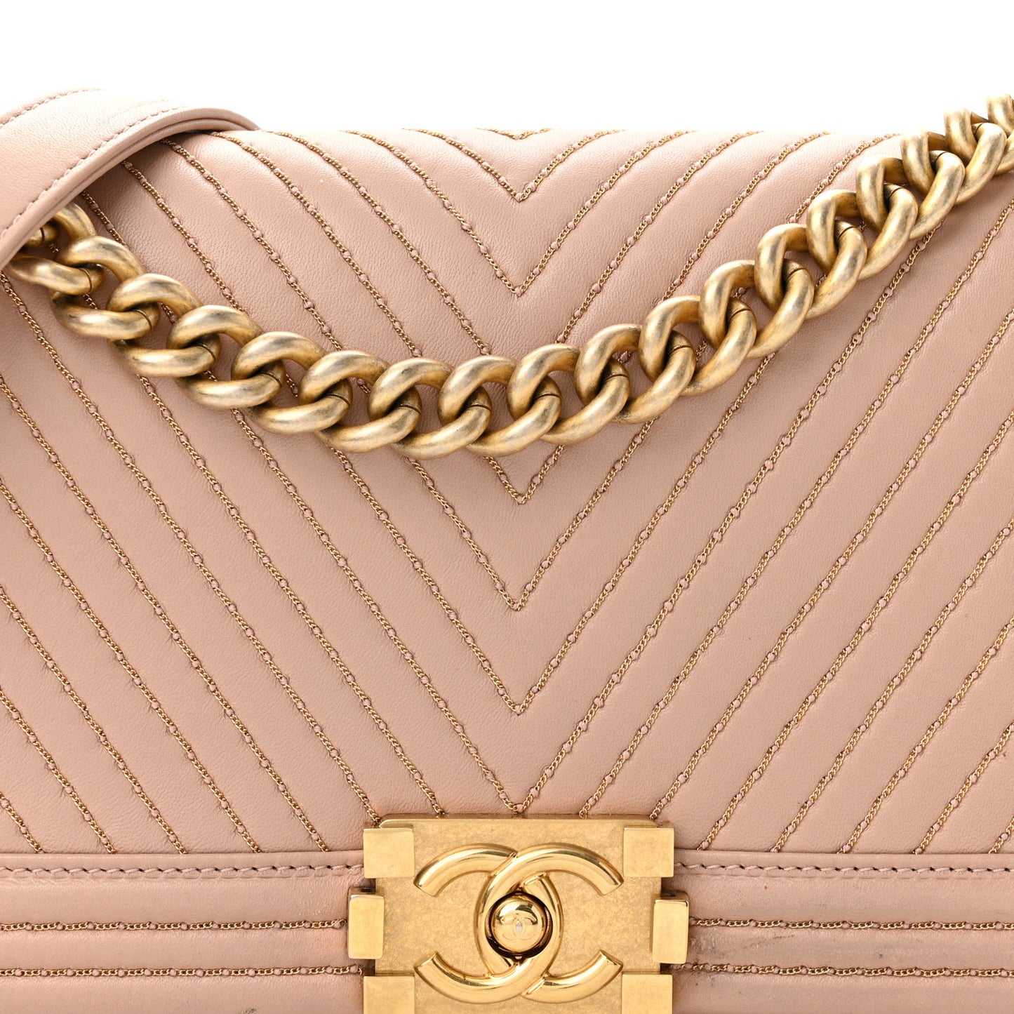 Lambskin Chevron Chain Stitched Medium Boy Flap Beige