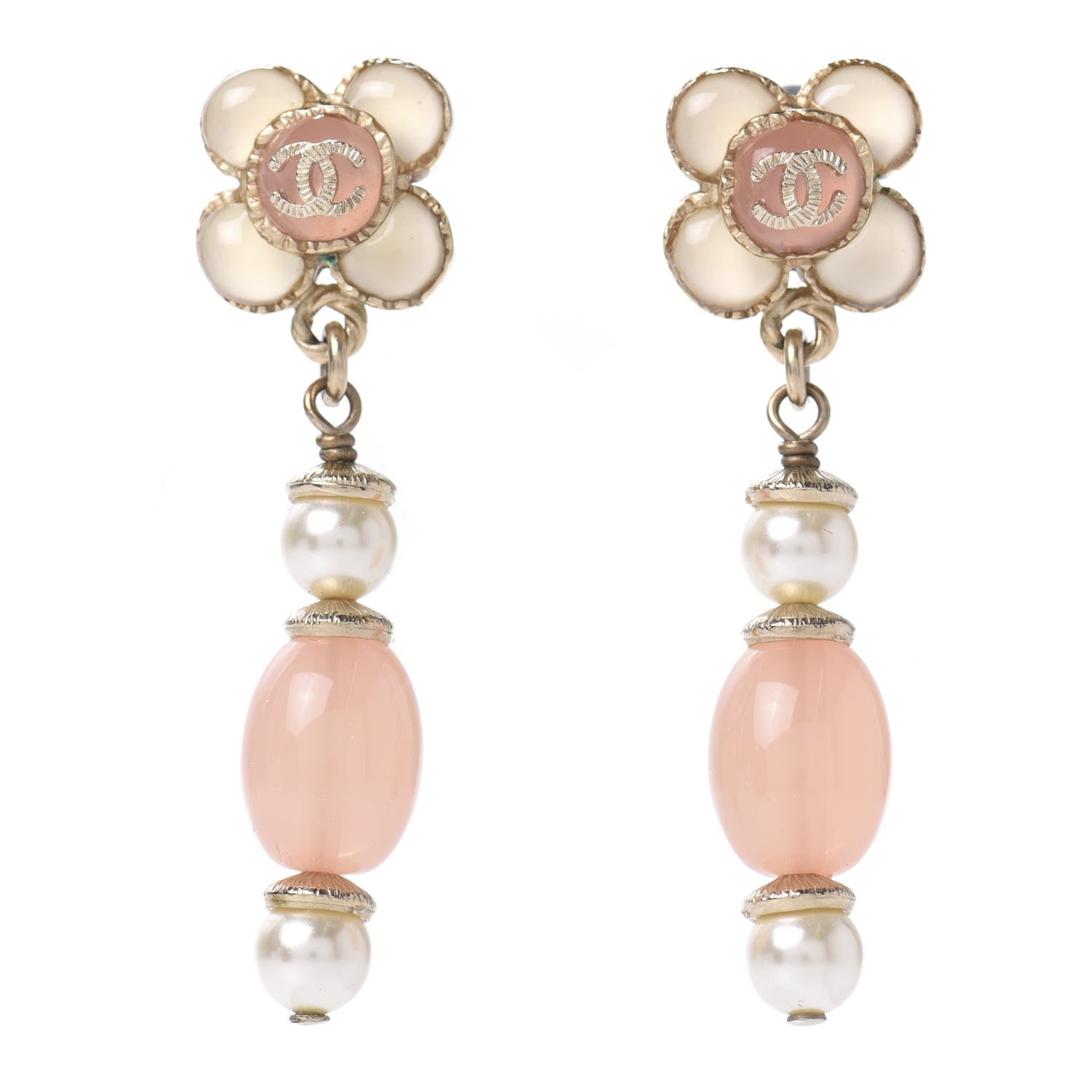 Chanel Resin Pearl CC Flower Drop Earrings Pink Beige 1 of 5