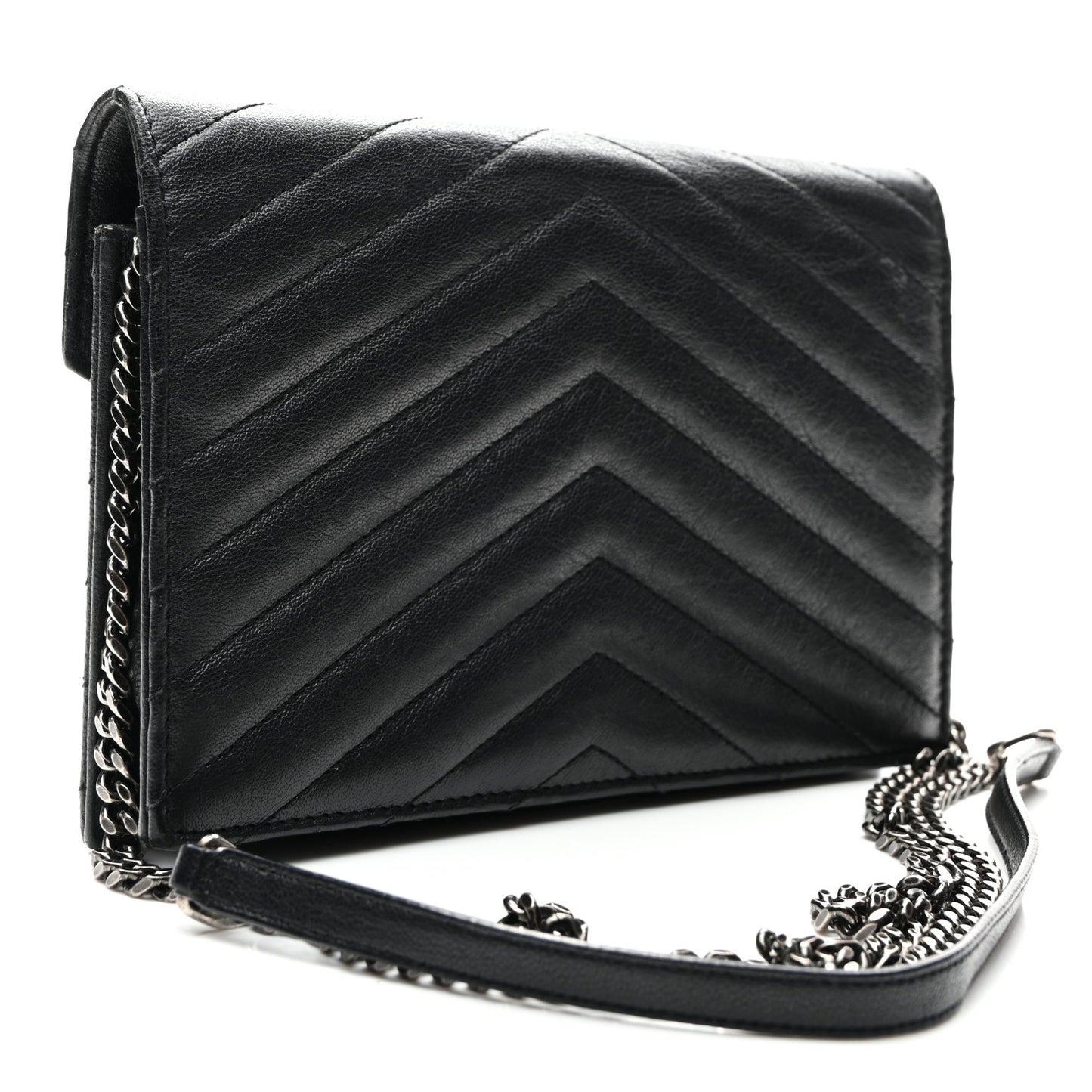 Calfskin Matelasse Chevron Monogram Envelope Chain Wallet Black