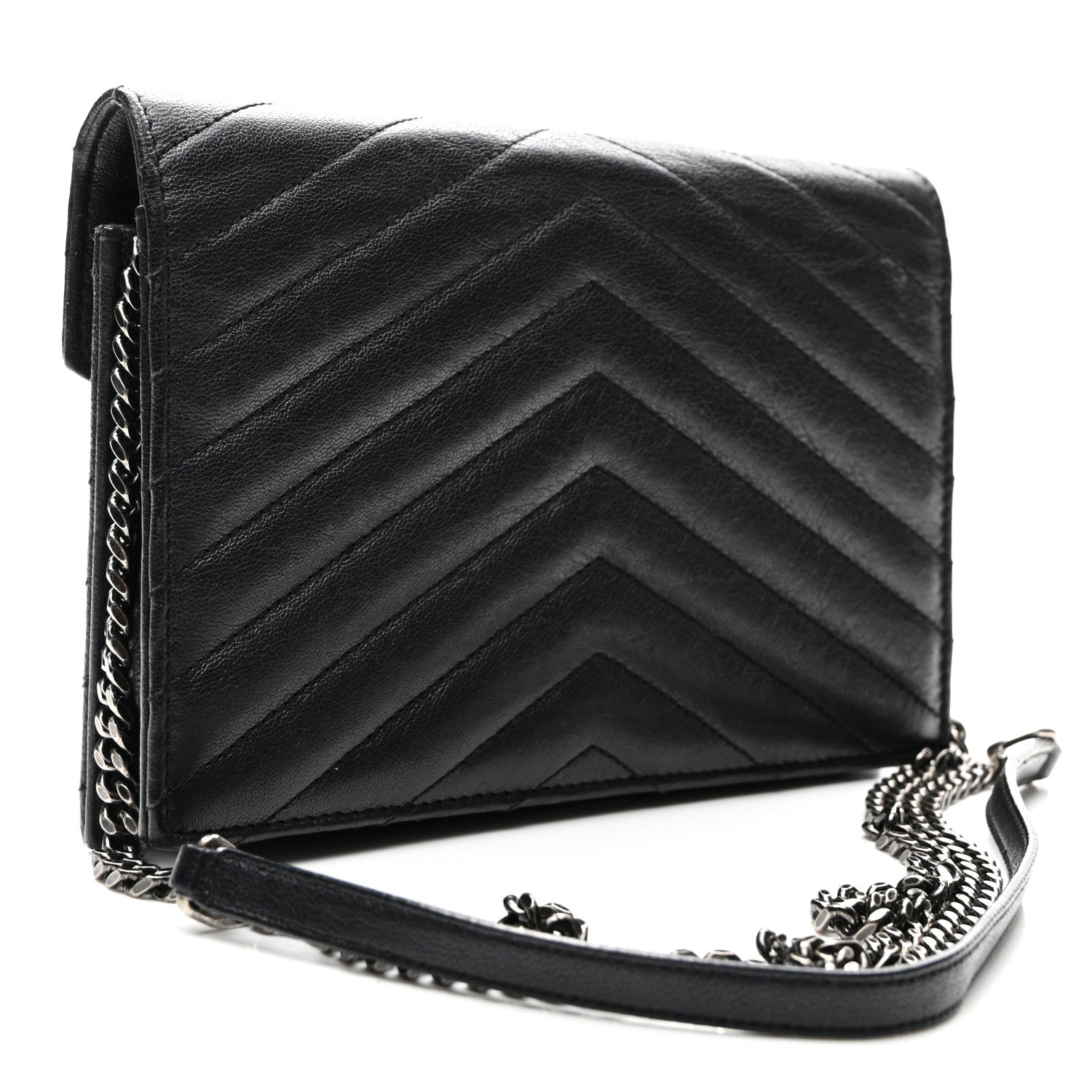 Saint Laurent Calfskin Matelasse Chevron Monogram Envelope Chain Wallet Black 3 of 11