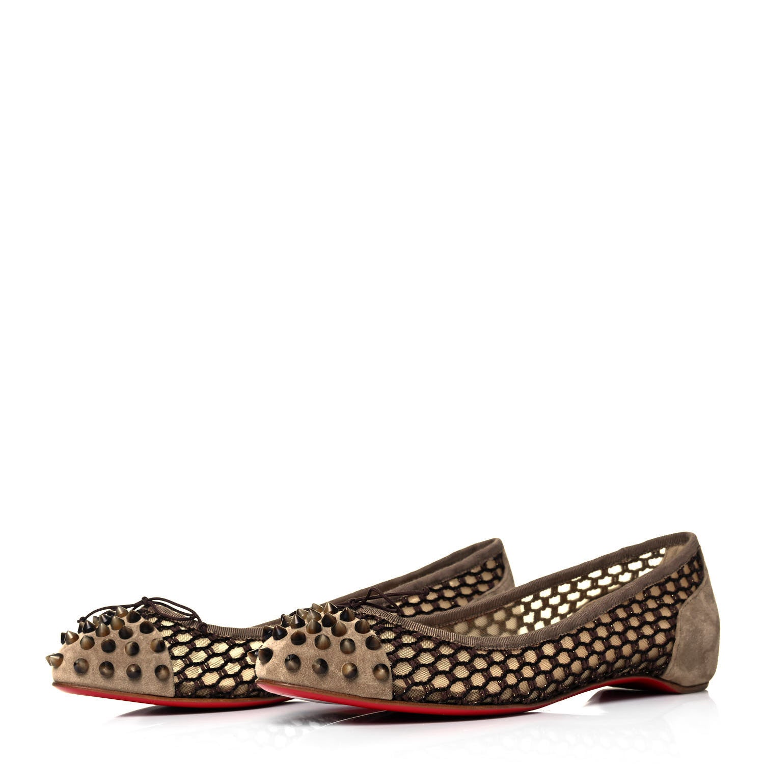 Christian Louboutin Veau Velours Mesh Spiked Flats 39 Brown 3 of 7