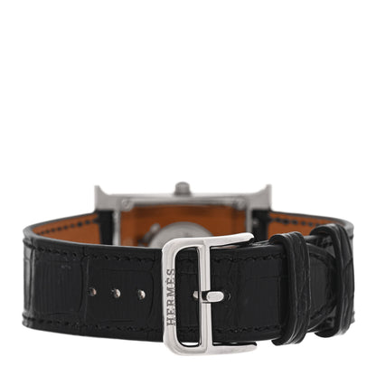 Hermes 18K White Gold Alligator Diamond Grey Sapphire 26mm Heure H Hour Quartz Watch Noir 3 of 5