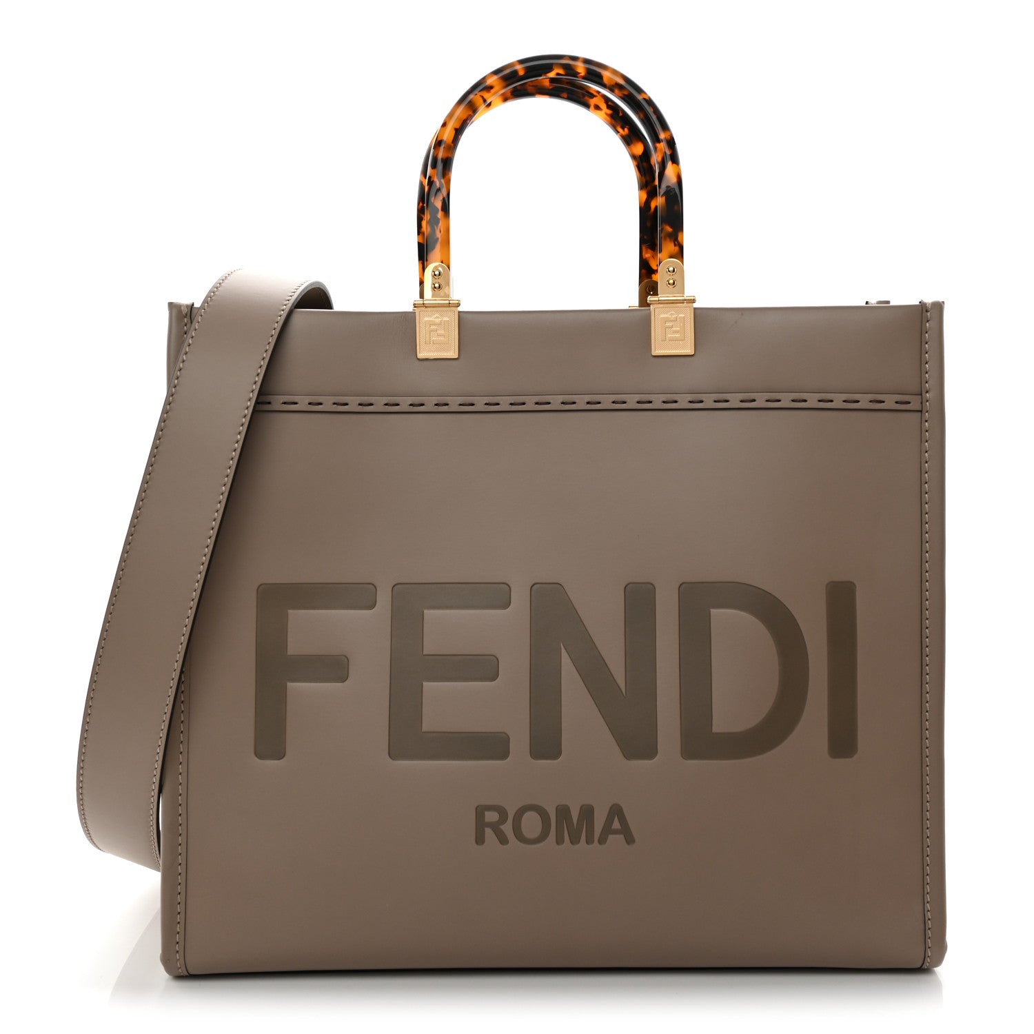Fendi Vitello King Plexiglass Logo Embossed Medium Fendi Sunshine Shopper Tote Tortora 1 of 10