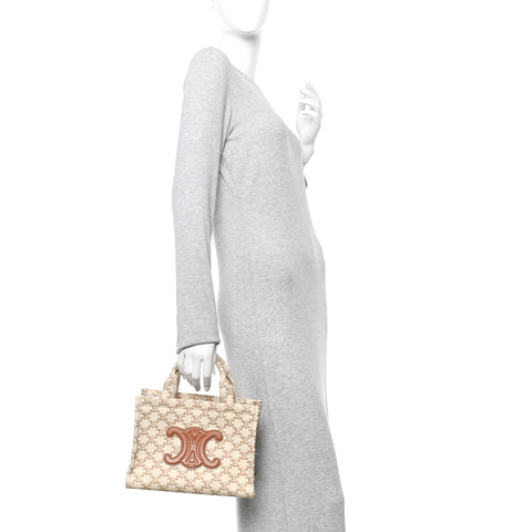 Canvas Calfskin Triomphe Print Small Cabas Thais White
