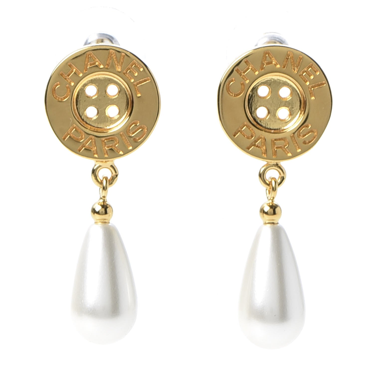 Chanel Metal Pearl Paris Button Drop Earrings Gold 1 of 5