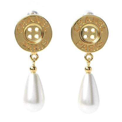 Chanel Metal Pearl Paris Button Drop Earrings Gold 1 of 5