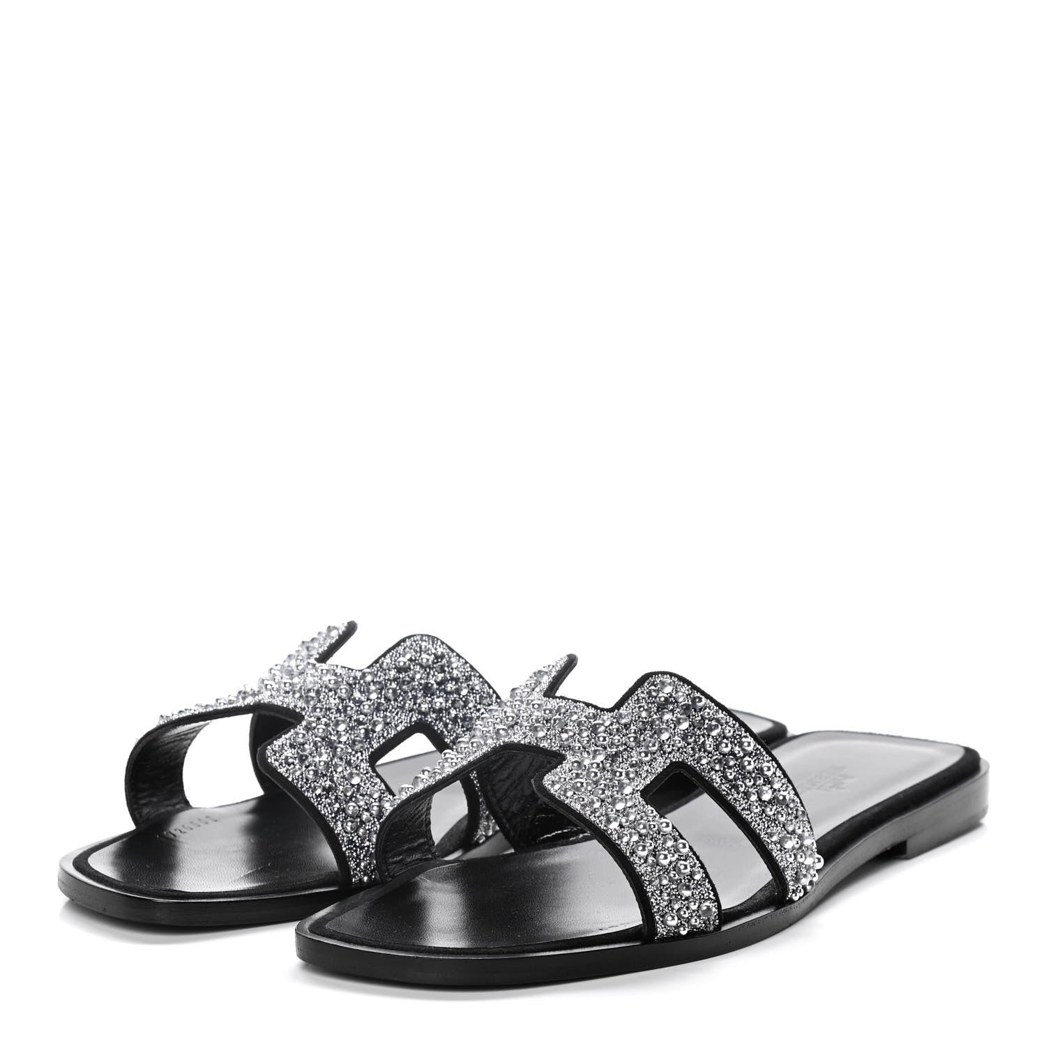 Hermes Velvet Goatskin Crystal Beads Oran Sandals 38 Gris Argente Black 3 of 12