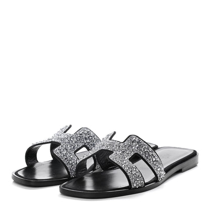 Hermes Velvet Goatskin Crystal Beads Oran Sandals 38 Gris Argente Black 3 of 12