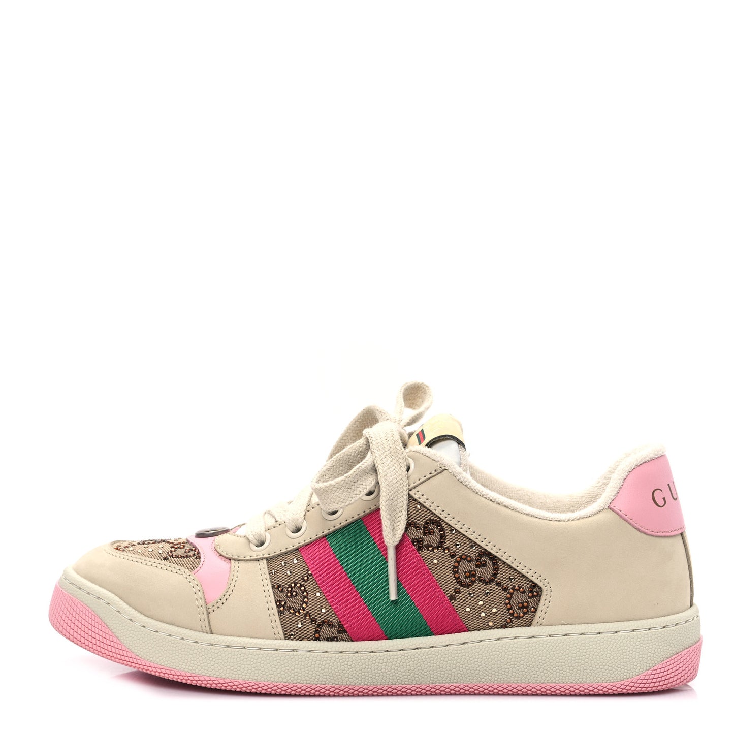Calfskin GG Supreme Crystals Web Screener Sneakers 38 Beige Ebony Wild Rose