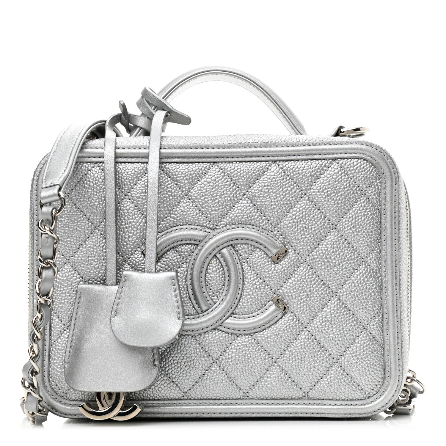 Chanel Metallic Caviar Quilted Medium CC Filigree Vanity Case Silver 1 of 9