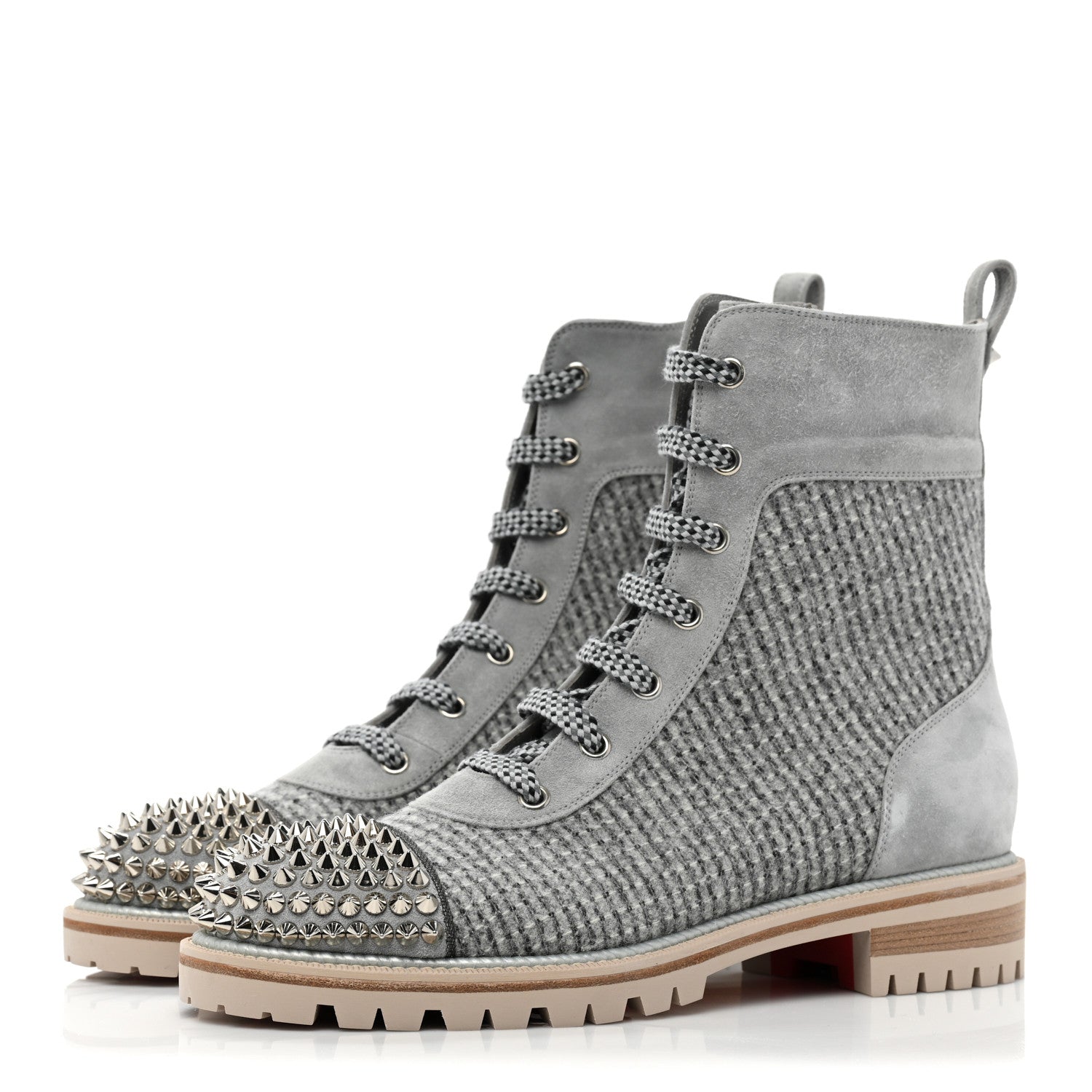 Christian Louboutin Suede Tweed Spikes TS Croc Flat Boots 38.5 Grey 3 of 7