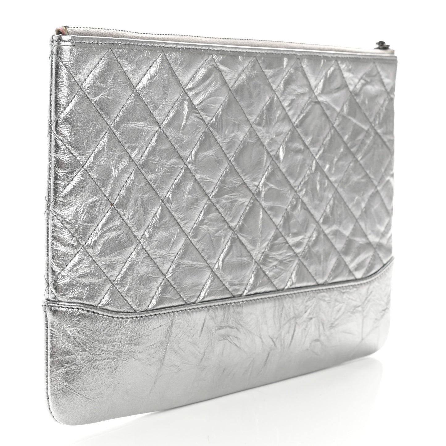 Metallic Crumpled Calfskin Quilted Medium Gabrielle Cosmetic Case Silver