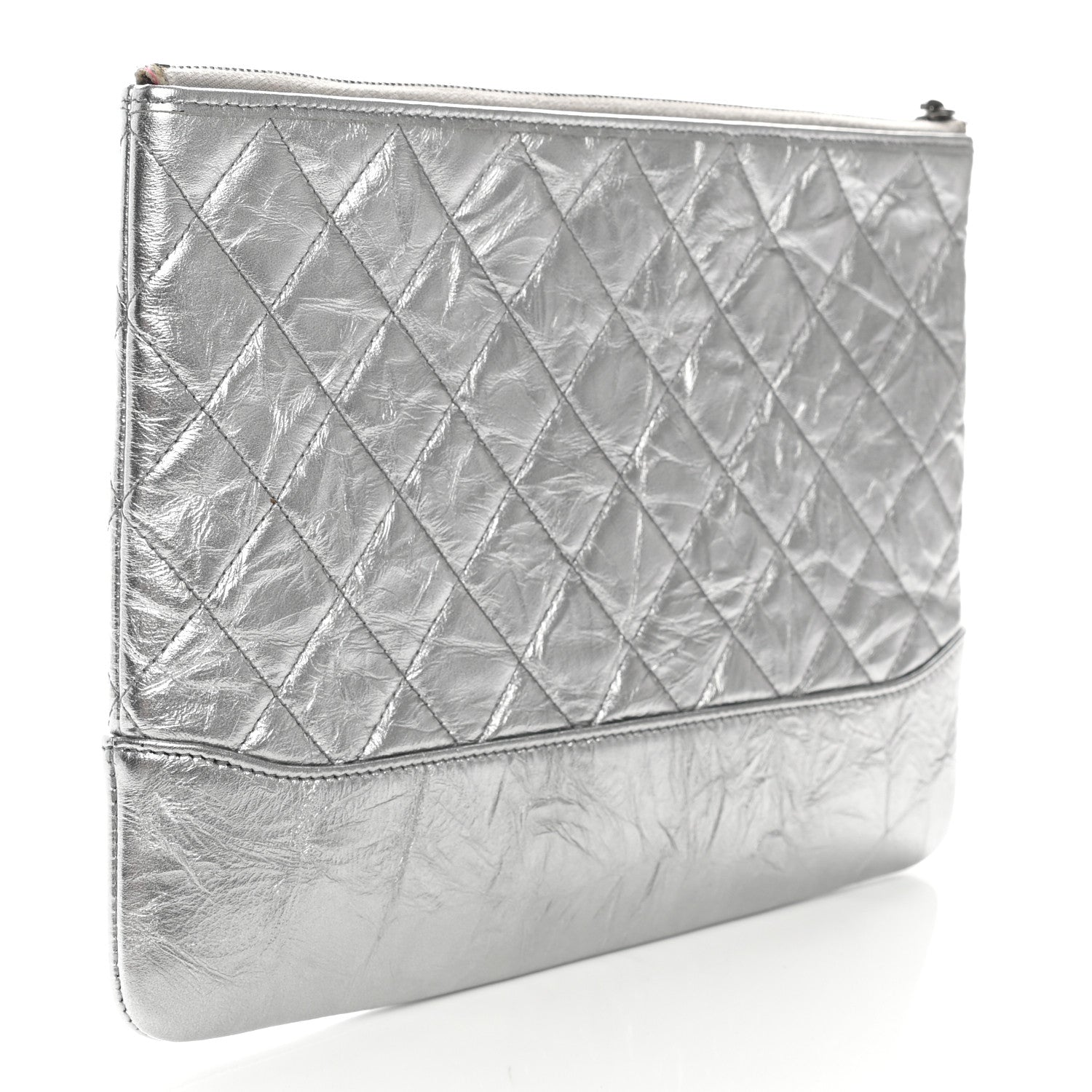 Chanel Metallic Crumpled Calfskin Quilted Medium Gabrielle Cosmetic Case Silver 3 of 9
