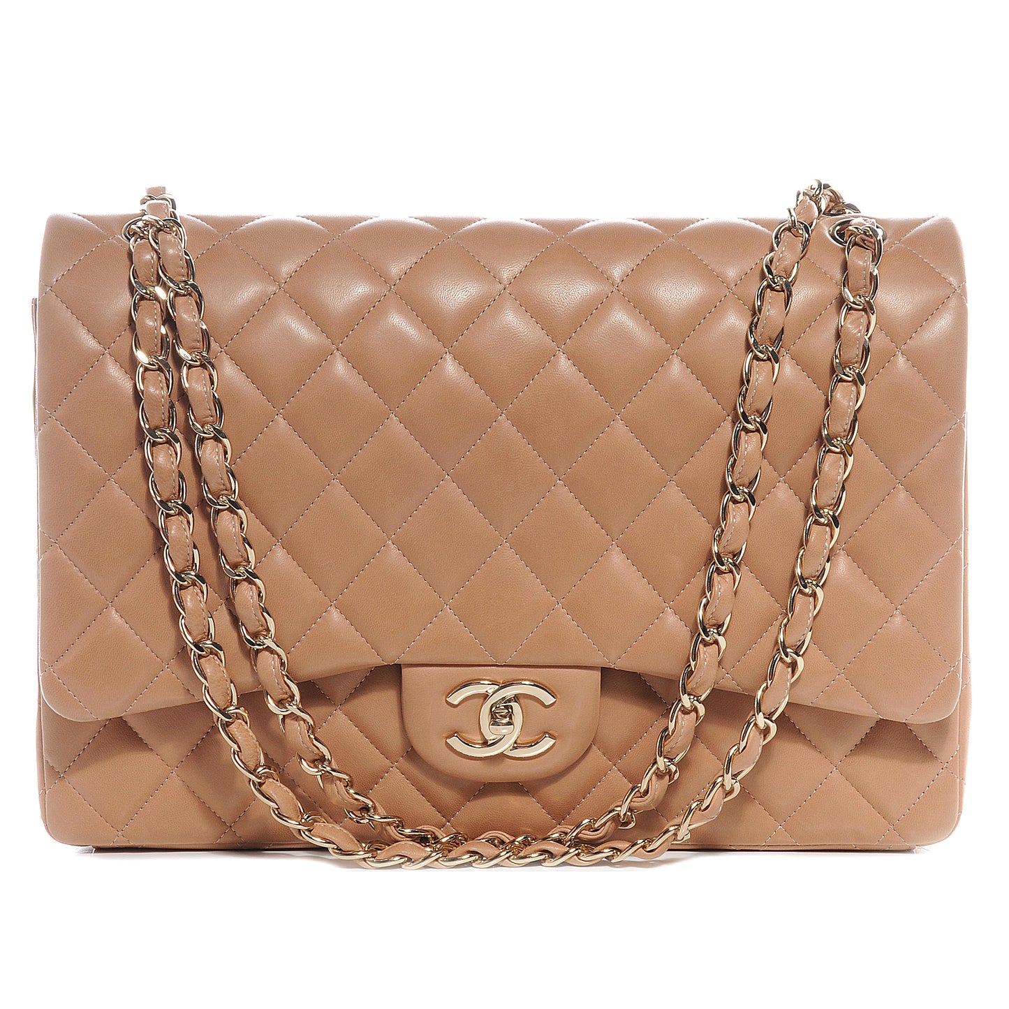 Lambskin Quilted Maxi Double Flap Beige