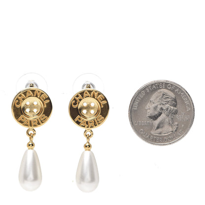 Chanel Metal Pearl Paris Button Drop Earrings Gold 2 of 4