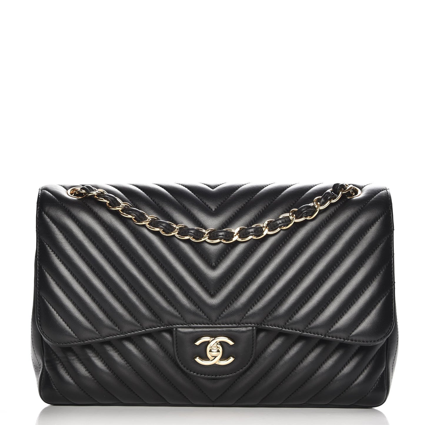 Lambskin Chevron Quilted Jumbo Double Flap Black