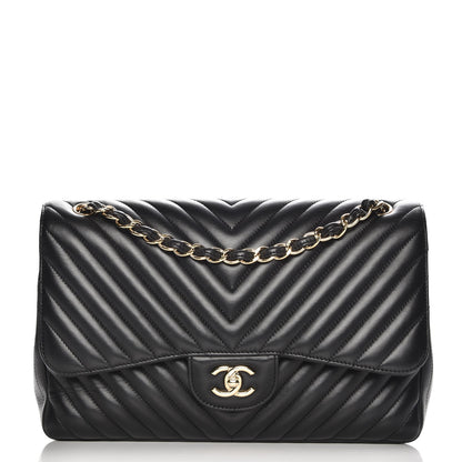 Chanel Lambskin Chevron Quilted Jumbo Double Flap Black 1 of 9