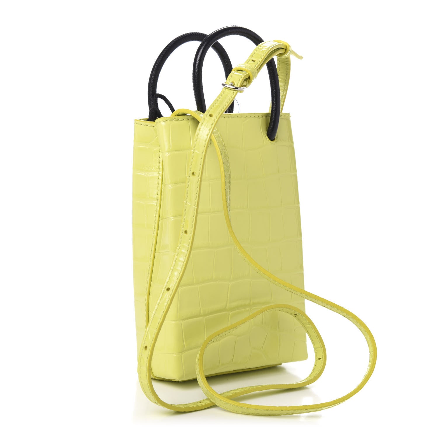 Balenciaga Calfskin Crocodile Embossed Logo Shopping Phone Holder Bag Lime 3 of 9