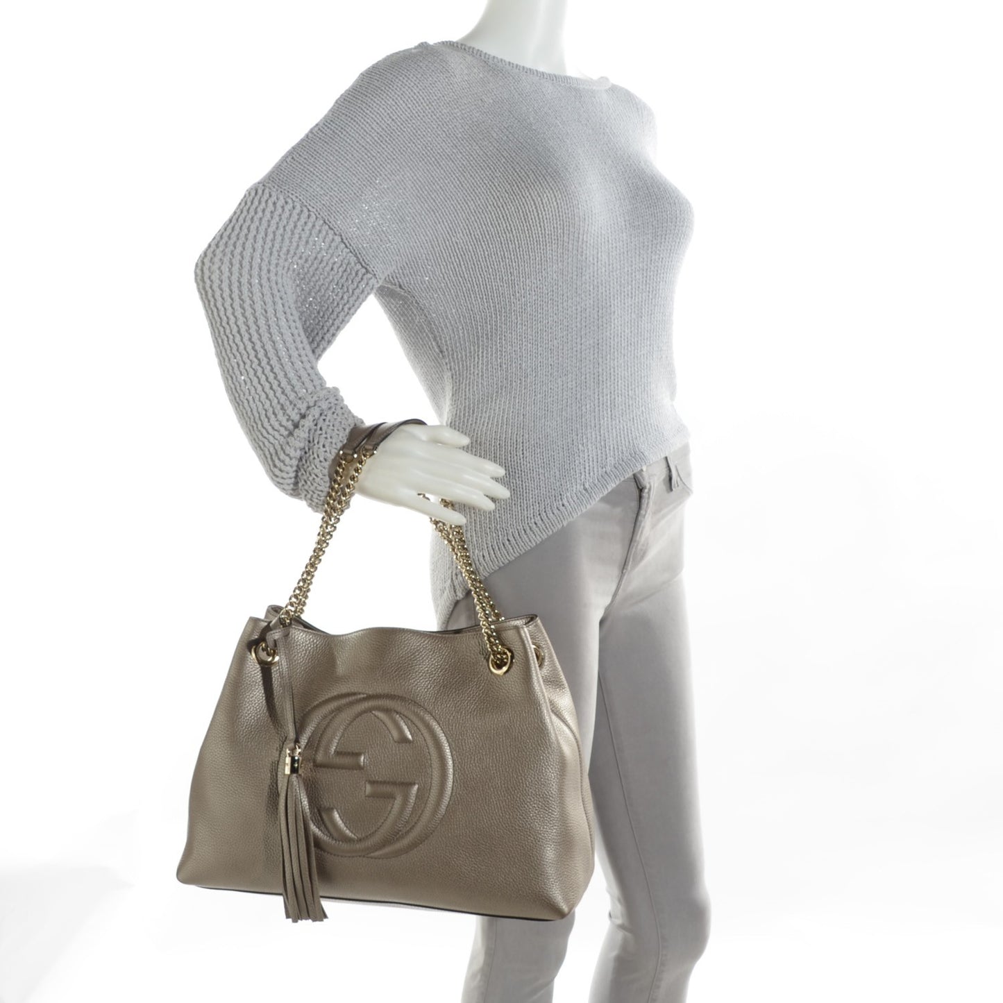 Metallic Pebbled Calfskin Medium Soho Chain Shoulder Bag Golden Beige