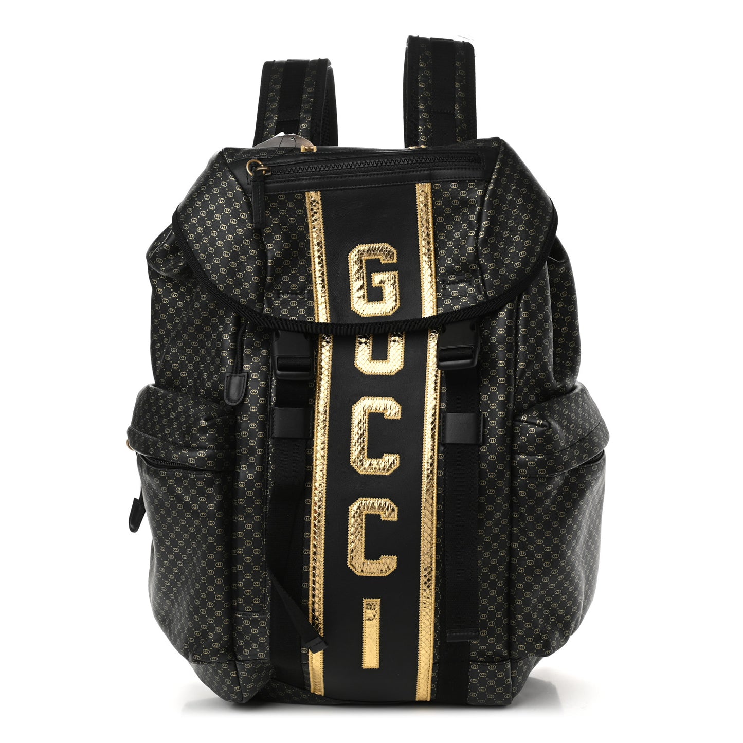 X DAPPER DAN Calfskin Laminated Ayers GG Micro Monogram Double Buckle Backpack Black Gold
